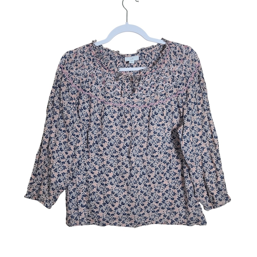 J. Jill Pink Blue Floral Cotton Embroidered Top M‎ Cottagecore Prairie Peasant